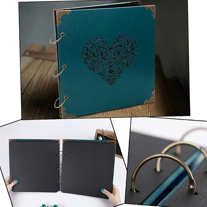 Photo Album DIY Scrapbook, 10x10 inch 50 Pages Vintage Leather Cover Three-Ring Binder Love Picture Booth Albums with 408pcs Self Adhesive Photos Corners for Memory Keep, Heart (Jasper Green)