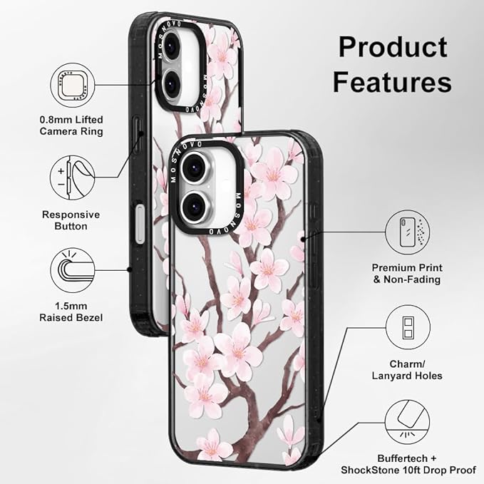 MOSNOVO Case for iPhone 16, [10ft 4X Military-Grade Drop Protection] Durable & Shockproof Phone Case Cover Design for iPhone 16 - Cherry Blossom - Clear Black
