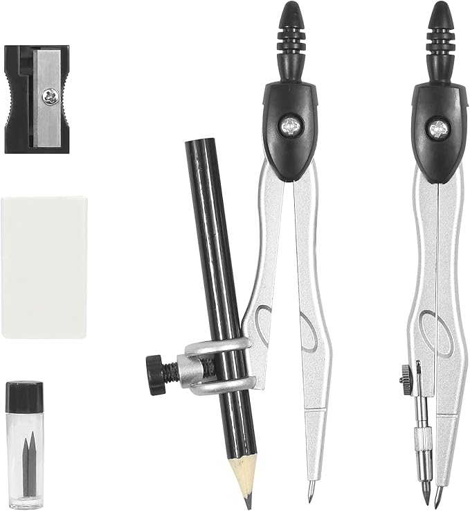 10 Pieces Math Geometry Kit Set Student Supplies with Shatterproof Storage Box,Includes Rulers,Protractor,Compass,Eraser,Pencil Sharpener,Lead Refills,Pencil,for School and Drawings（Black）