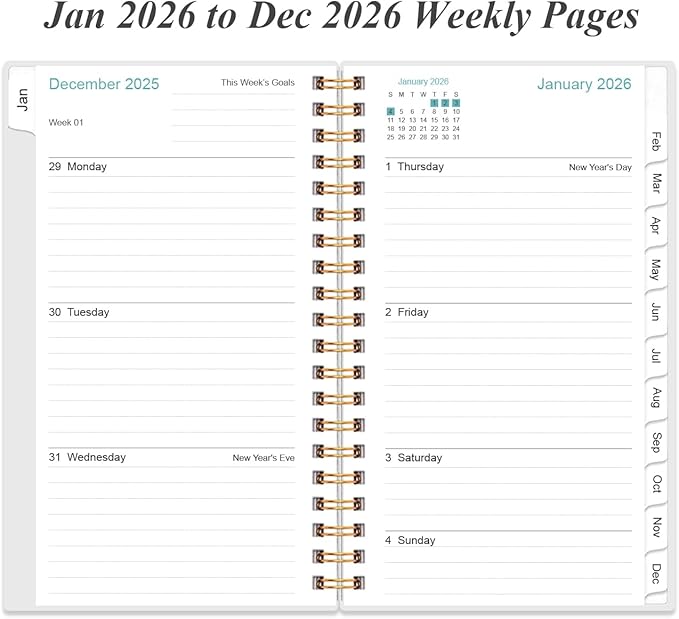 2026 Pocket Planner/Calendar - 2026 Planner from January 2026 - December 2026, Planner 2026 with 12 Tabs, Twin-Wire Binding, Inner Pocket, 3.75" x 6.75, Teal Flowers