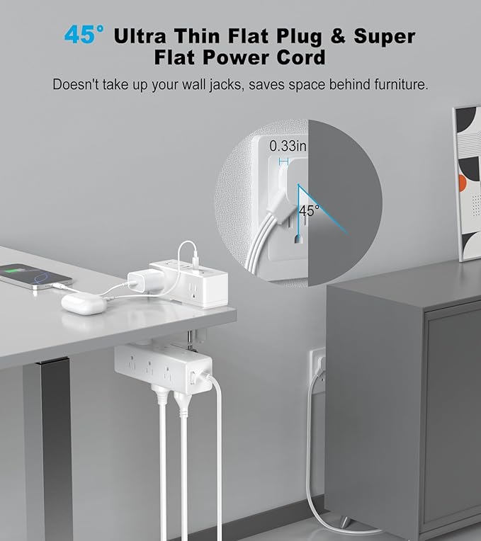 Dual Layer Desk Clamp Power Strip, 19 in 1 Desktop Edge Mount Surge Protector with 4 USB Ports(2 USB-C) & 15 AC Outlets, Ultra Thin Flat Plug & 15FT Power Cord for Office Home(ETL Listed)