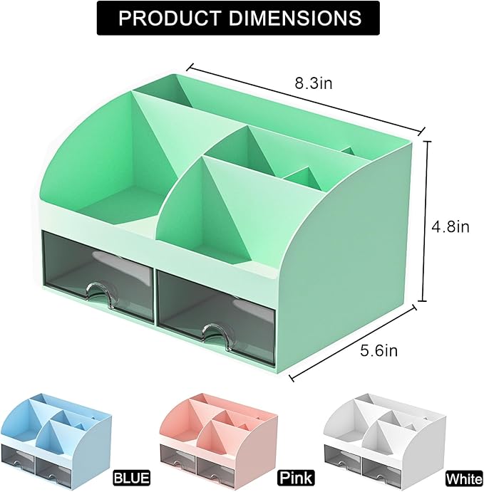 Desk Organizer with 6 Compartments and 2 Drawers, Plastic Makeup Organizer, Pen Holder for Desktop Storage, Desk Organization for School, Home, Office Supplies (Mint Green)