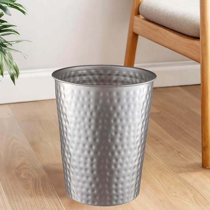 Monarch Abode Pewter Hand Hammered Metal Wastebasket for Home Office Bedroom, Decorative Waste Basket, Modern Bathroom Garbage Can, Durable & Decorative Trash Bin, Pewter Bathroom Trash Can