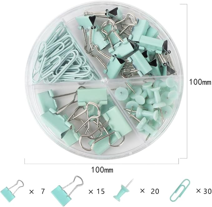 Paper Clips and Binder Clips Set, Metal Assorted Sized Binders with Push Pins, Cute Office Supplies for Desk, Desk Accessories (Green)