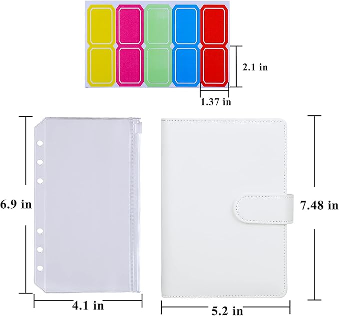 Antner A6 Budget Binder with Zipper Cash Envelopes for Money Organizer & Budgeting, PU Leather Budget Planner Money Saving Binder with Cash Stuffing Envelopes & Labels for Home Office Travel, White