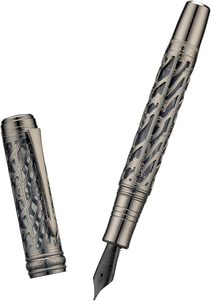 Hongdian A6 Piston Fountain Pen Extra Fine Soft Nib, Jet Black Hollow Skeleton & Resin Pen with Metal Case Set
