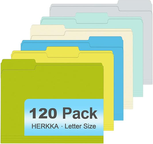 File Folder, HERKKA 120 Pack 1/3 Cut Tab File Folders, Letter Size, Assorted 6 Colors, Colored File Folders Great for Organizing and Filing