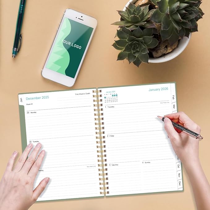 2026 Planner - Planner 2026 from January 2026 - December 2026, Weekly & Monthly Planners Spiral Bound with 12 Monthly Tabs, Inner Pocket, 6.4" x 8.5", Green