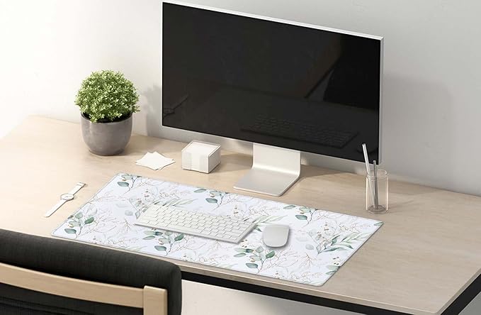 SSOIU Large Mouse Pad, Cute Floral Desk Mat for Desktop, Women Girls Waterproof Gaming Mousepad, Eucalyptus Leaves Computer PC Laptop Protector Writing Pads for School Office Home 35.5" x 15.7"