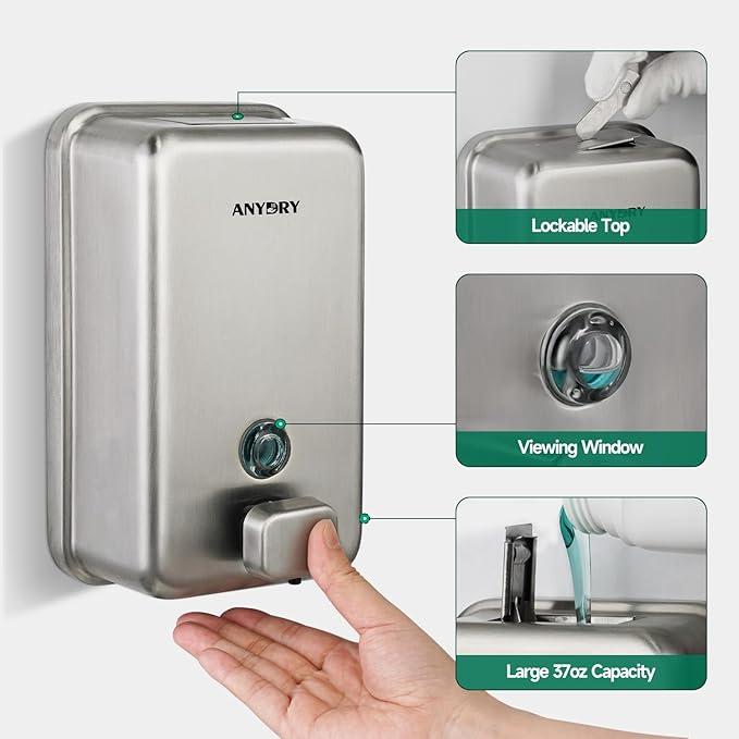 Commercial Wall Mounted Soap Dispenser 37oz 1100ml Large Capacity Brushed Stainless Steel Manual Dispenser for High Traffic Restrooms