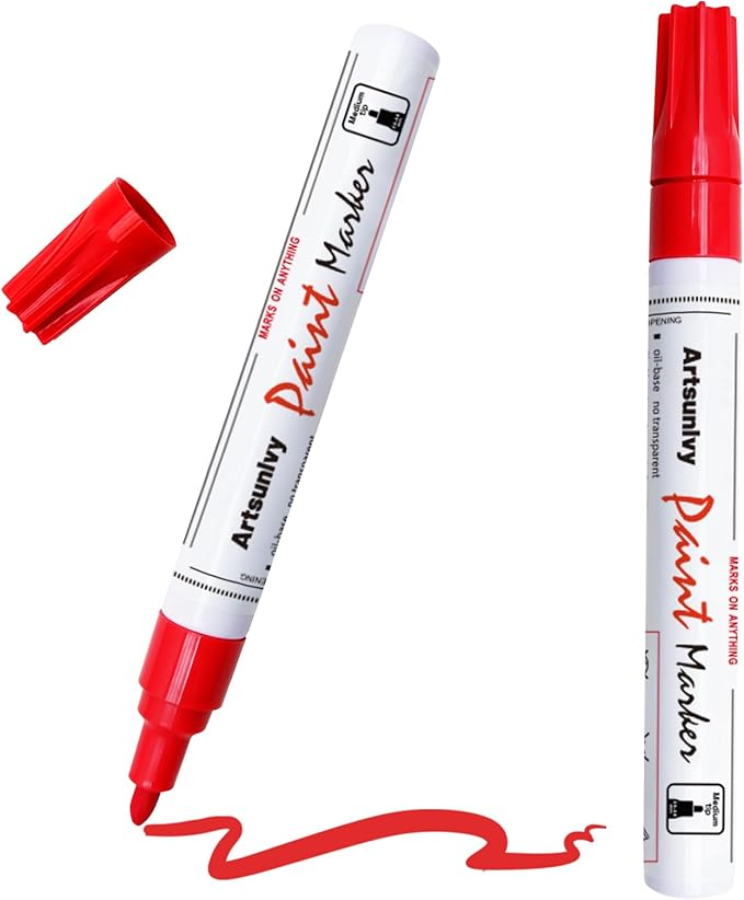Red Permanent Paint Markers - 2 Pack Oil-Based Medium Tip,Waterproof Quick Dry Paint Pens for Metal,Rock,Wood,Fabric,Plastic,Canvas,Glass, Mug