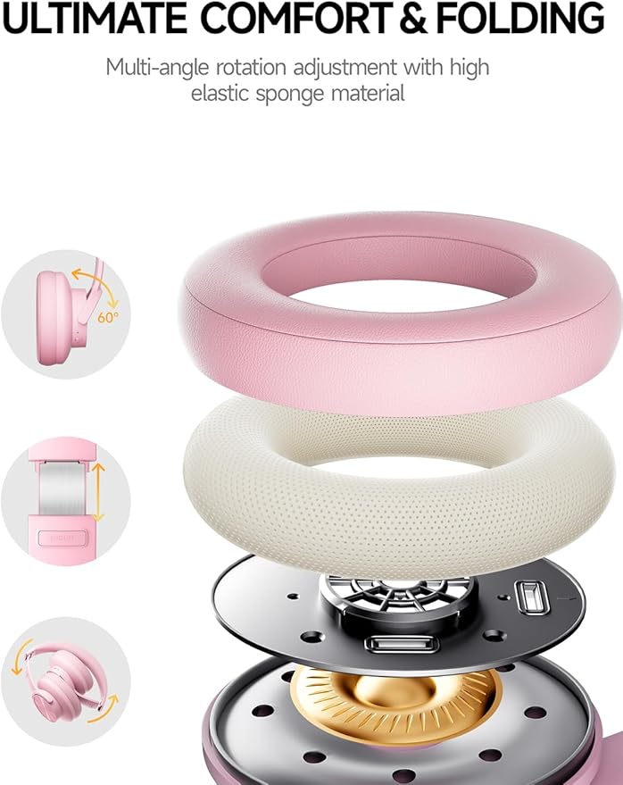 Picun B8 Headphones Wireless Bluetooth, 120H Bluetooth Headphone Over Ear with 3EQ Music Modes, Hands-Free Calls, Deep Bass Headphones for Travel Home Office Cellphone PC (Pink)