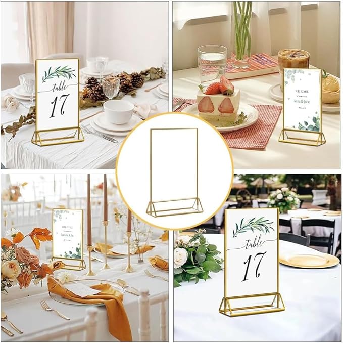 16 Pack Gold Acrylic Sign Holder, 4x6 Inch Picture Frames Wedding Double Sided Display Clear Sign Holders Stand Desktop Table Menu for Wedding Party Restaurant