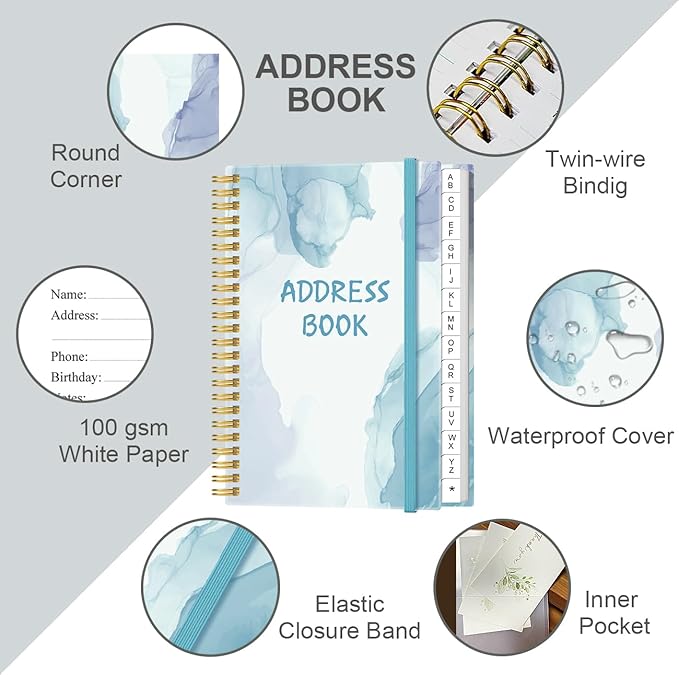 Address Book with Alphabetical Tabs - Small Address Book Spiral with Address Contacts, Special Date, Phone, Birthday & Internet Login Password for Home and Office, 4.3" x 6.2", Blue Watercolor