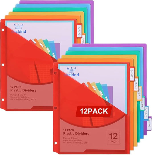 SEEKIND 12 Pack Binder Dividers with Pocket,12 Tab Binder Dividers for 3 Ring Binders,Subject Dividers for US Letter Size in 0.5, 1, 2, 3 inch Binders, Multicolor (12)