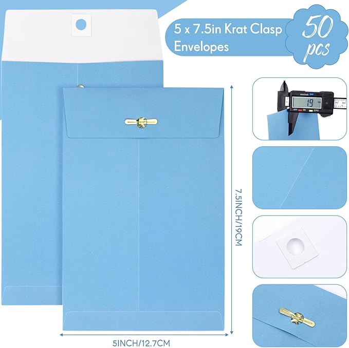 Teling 50 Pcs 5 x 7.5 Manilla Envelopes Clasp Kraft Catalog with Closure for Storing Mailing 28 lb Kraft Envelope Paper for Office Document School Business Home(Blue)