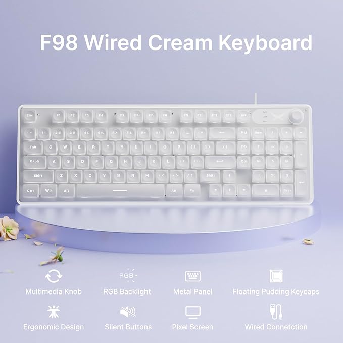 EWEADN F98 Wired Keyboard with Smart Display & Knob,98 Keys Aesthetic Computer Keyboards,Metal Panel,Cute Wired Cream Membrane Keyboard for Windows/PC-White