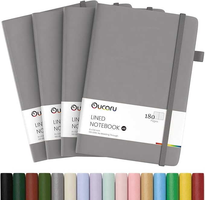 Oucaru Lined Journal Notebook, 4 Pack, 180 Pages, A5 Journals for Writing, 100 GSM Thick Paper, Small Notebooks Daily Journal for Women Men Work, Business, School, Travel Supplies