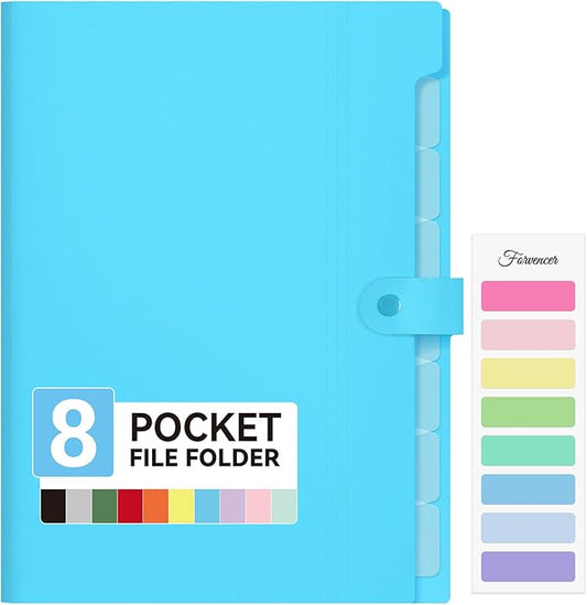 Forvencer Expanding File Folder with 8 Pocket, Letter Size Accordion File Organizer, Portable Folders for Documents, Cute Paper Organizer, Filling Products for School Office Supplies, Sky Blue