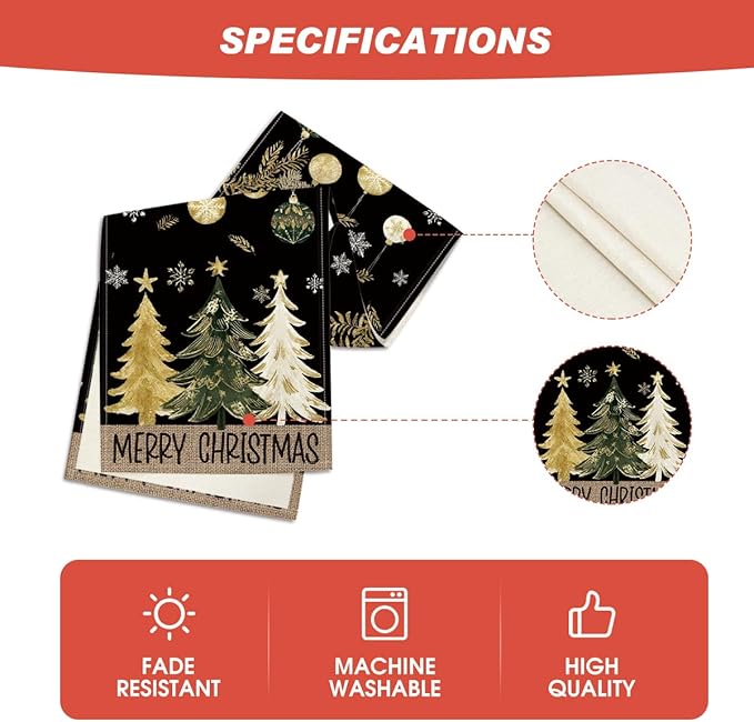 Artoid Mode Black Pine Trees Snowflake Merry Christmas Table Runner, Winter Holiday Kitchen Dining Table Decoration for Home Party Decor 13x72 Inch