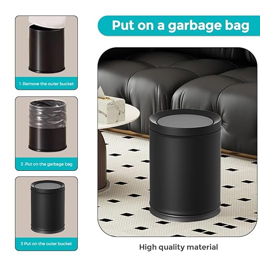 3.1Gallon/12L Modern Metal Bathroom Trash Can with Lid,Light Luxury,Elegant Waste Basket,Black Garbage Can,for Bathroom,Bedroom,Living Room, Kitchen,Office,Bank (12L-Black)