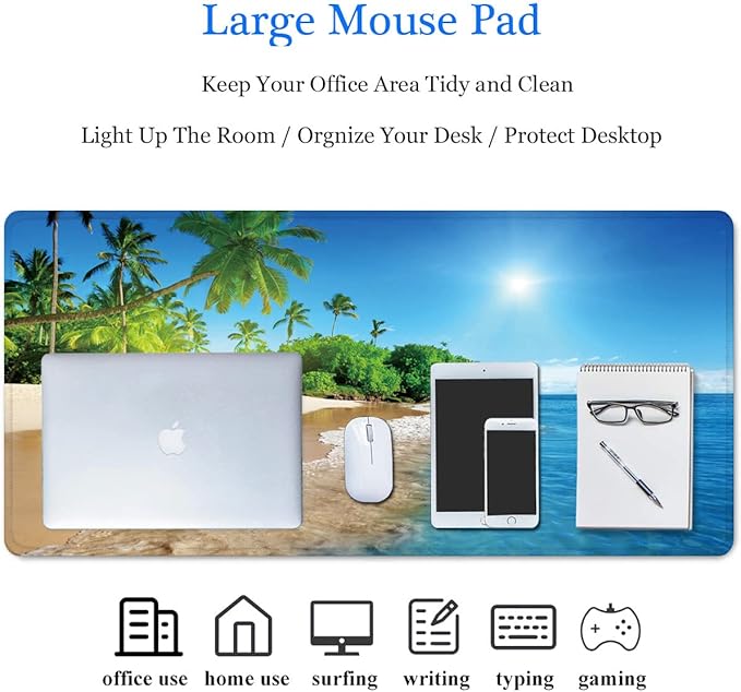 RTGGSEL 31.5x11.8 Inch Non-Slip Long Extended Large Gaming Mouse Pad with Stitched Edges XL Laptops Keyboard Mouse Mat(Beach View)