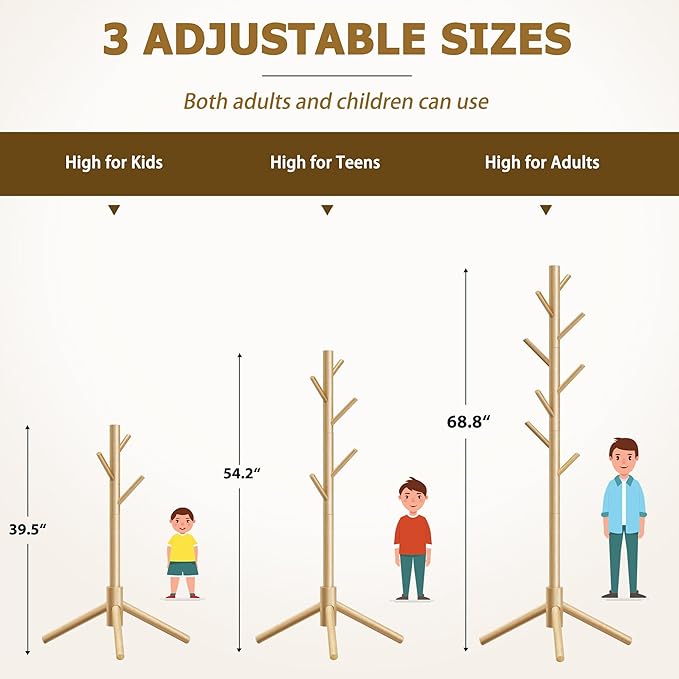 Wooden Coat Rack, Free Standing Coat Rack with 8 Hooks 3 Adjustable Heights for Clothes, Hats, Handbags, Coat Tree Easy Assembly for Entryway, Bedroom, Hallway, Office(2PCS)