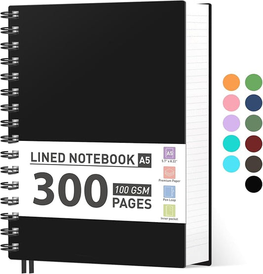 AHGXG Spiral Notebook College Ruled - Spiral Journal A5 Smal Notebooks for Work, 100GSM Thick Paper, Plastic Hardcover, for Office School Writing Notes,5.7" x 8.3", Black