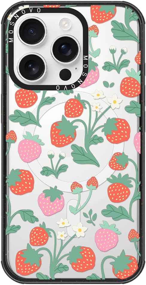 MOSNOVO Magnetic Case for iPhone 16 Pro, 10ft Military-Grade Protection, Compatible with Magsafe, Shockproof Phone Case for iPhone 16 Pro - Strawberry Garden - Clear Black