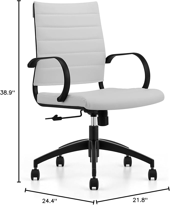 Ribbed Mid Back Conference Room Chairs - Lumbar Support, Modern Executive Home Office Chair - White Leather Seat & Black Aluminum Frame