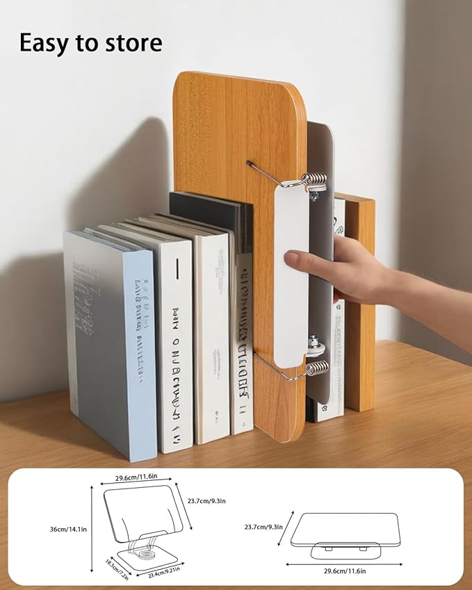 Honagu Book Stand for Reading, Adjustable Book Holder with 360 Degree Rotating Base & Page Clips, Hands Free Foldable Desktop Cookbook Stand for Sheet Music, Laptop, Recipe, Textbook (Yellow Wood)