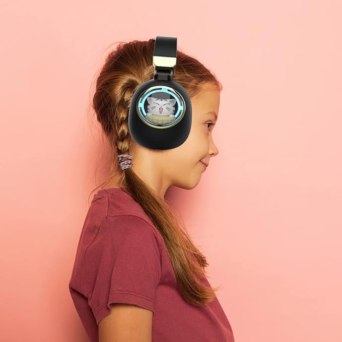 Kids Bluetooth Headphones - Light Up Cat Over Ear Kids Wireless Noise Cancelling Headphones with Microphone for Kids for School Gaming Headset Headphones for IPad Kindle Tablet PC Travel (Black Gold)