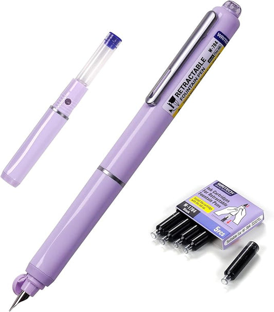 WRITECH Fountain Pen Fine Nib: Retractable Black Ink Pens Set Includes 5 Ink Cartridges Smooth Writing for Calligraphy Sketching Journaling Gift (Purple)