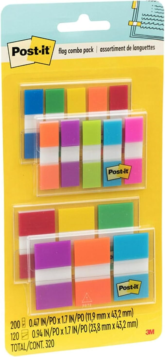 Post-it Flags Combo Pack, 4 On-The-Go Dispensers/Pack, 120 .94 in Wide and 200 .47 in Wide Flags, Assorted Colors (683-XL1) (Pack of 12)