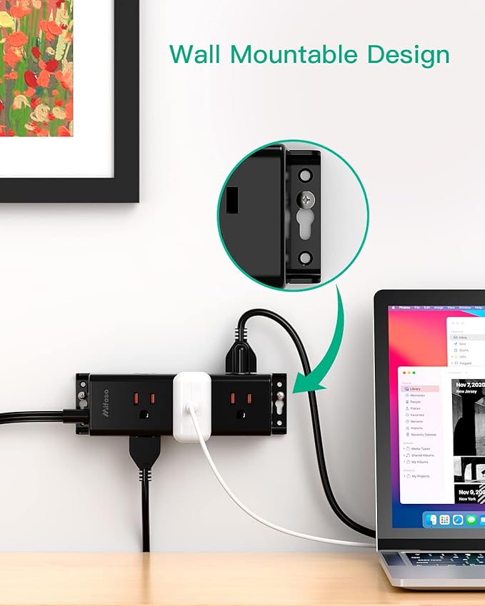 Surge Protector Power Strip - 9 Widely Spaced Multi Outlets, Wall Mount, 3 Side Outlet Extender with Extension Cord, Flat Plug, Overload Protection, Home Office Dorm Room Essentials (10FT, Black)