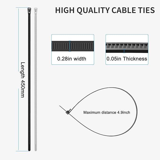 18 Inch Recoverable Reusable Zip Ties, 100PCS white Zip Ties, Outdoor 120 lb. Cable Ties, Releasable Plastic Ties, Removable Wire Ties for Wire Management Outdoor Patio