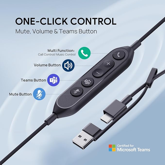 Yealink UH46 USB Headset with Mic, Wired Headset with 3 Noise Cancelling Microphones for PC/Computer/Laptop, Teams Certified, in Line Controls for Home Office Online Meetings, Plug & Play USB-C/A