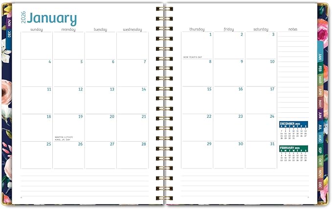 HARDCOVER 2026 Planner, 8.5"x11": 14 Months (November 2025 - December 2026), Daily Weekly Monthly Planner, Yearly Agenda, Bookmark, Pocket Folder and Sticky Note Set (Small Navy Floral)