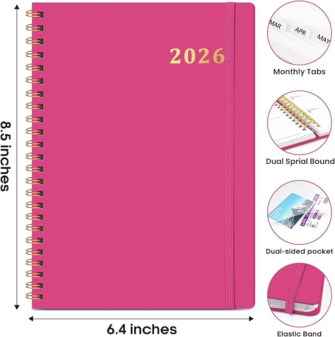 2026 Planner, Weekly and Monthly Calendar Planner Book, January 2026 - December 2026, Hardcover Spiral Planner with Monthly Tabs, Notes Pages, Perfect for Women & Men, A5 (6.4" x 8.5") - Hot Pink