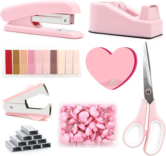 Pink Stapler and Tape Dispenser Set - Office Accessory Kit, Gift for Women, Coworkers, Boss Lady, Clerks
