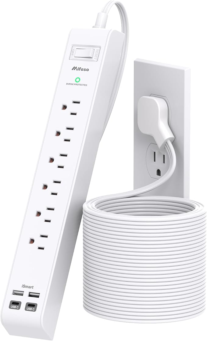 15FT Extension Cord, Flat Plug Surge Protector Power Strip, Long Cord Extension Cord with Multiple Outlets, 6 Outlets & 4 USB Ports (2 USB C), Desk Charging Station for Home, College Dorm Essentials
