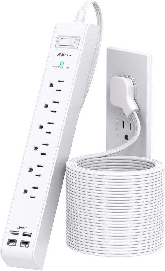 15FT Extension Cord, Flat Plug Surge Protector Power Strip, Long Cord Extension Cord with Multiple Outlets, 6 Outlets & 4 USB Ports (2 USB C), Desk Charging Station for Home, College Dorm Essentials