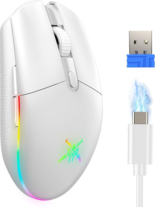 TECKNET Wireless Gaming Mouse - 8000 DPI, RGB Backlit, 6 Programmable Buttons, 100Hrs Battery Life, Dual Mode [2.4G & USB-C] for Laptop,PC,Mac - White