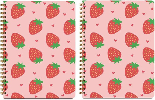 CFGBFDGH 2Pcs Strawberry Spiral Notebooks for Work, A5 Hardcover Notebook Journal, Pink College Ruled Notebook Travel Journal for Writing Office Note Taking 8.3x5.8inch, Strawberry Gifts for Women