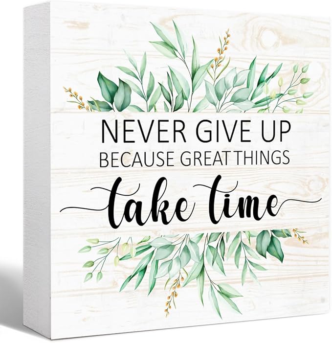 Never Give Up Sign Wood Box,Inspirational Quote Wooden Block Sign for Home Office Tabletop Shelf Decor 5" x 5",Motivational Desk Decor Accessories for Women