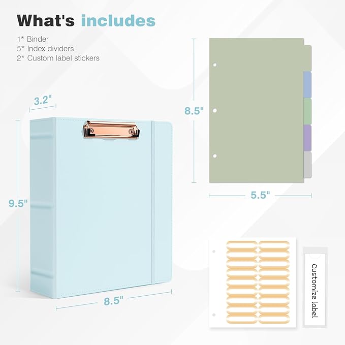 Ospelelf Mini Binder 2 Inch Small 3 Ring Vintage Leather Clipboard 5.5" x 8.5", Professional Binder Organizer Dividers with Tabs, Bule