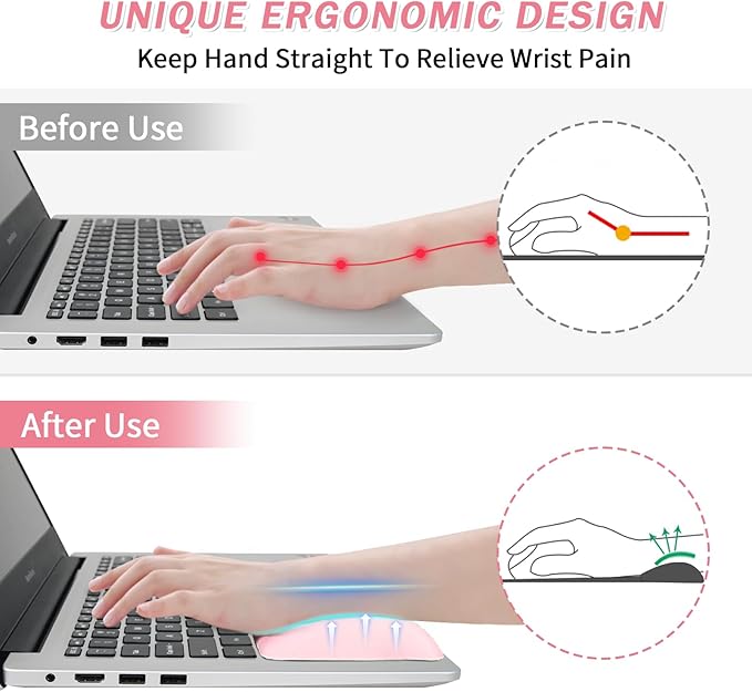 VAGAU Wrist Rests for Laptop, Wrist Support for Keyboard and Mouse, Ergonomic Memory Foam Wrist Pads for Laptop, Office, Computer, Comfortable Typing Wrist Pain & Carpal Tunnel Relief（Pink）