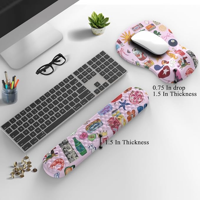 Cute Mousepad with Wrist Rest for Computer Keyboard Mouse Pad Ergonomic Pink Kawaii Mousepad, Best Desk Decor Office Girls Pink Desk 2-in-1 Wrist Support Mouse Pad, Soft Gel Material Anti Slip Bottom