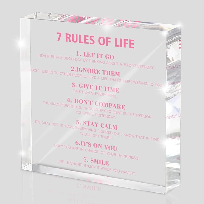 7 Rules of Life Acrylic Desktop Decor, Pink Motivational Acrylic, Desktop Motivational Slogan, Suitable for Office and Home, Suitable for Women and Teens 4x4 Inch