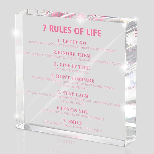 7 Rules of Life Acrylic Desktop Decor, Pink Motivational Acrylic, Desktop Motivational Slogan, Suitable for Office and Home, Suitable for Women and Teens 4x4 Inch
